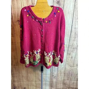 Vintage 2003 Tiara Women Reindeer Holiday Lights Cardigan Sweater Size 18/20